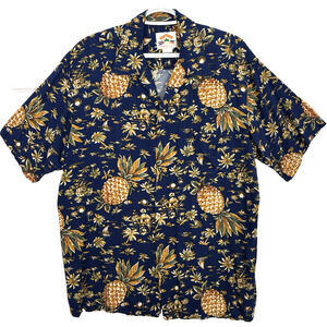 Vtg Pineapple Juice All Over Blue Rayon Tiki Hawaiian Shirt Short Sleeve FLAW